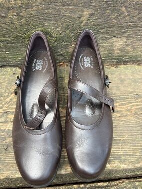 SAS Maria Dark Brown Leather Mary Jane Flats with Strap